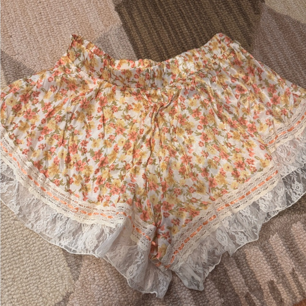 Free People Floral High Waist Shorts with Lace Trim